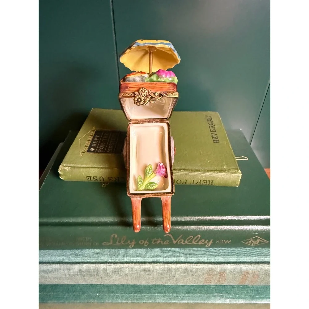 Vintage Limoges France Hand Painted Porcelain Faux wood Flower Cart Trinket Box